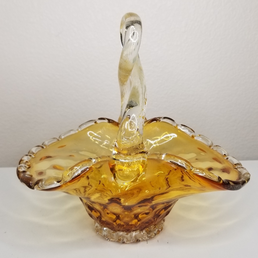 Murano Style Hand Blown Amber Glass Infused Gold Flake‎ Loop Handle Basket